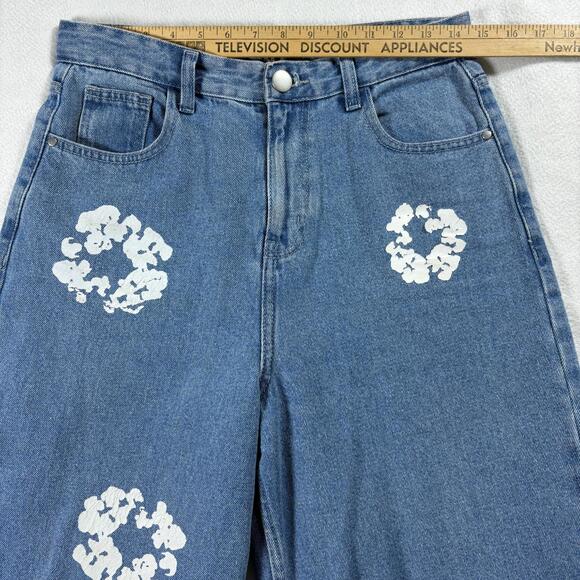 EGO Womens 6 High Rise Wide Leg Painted Floral Medium Wash Denim Jeans Y2K Style - Picture 6 of 8